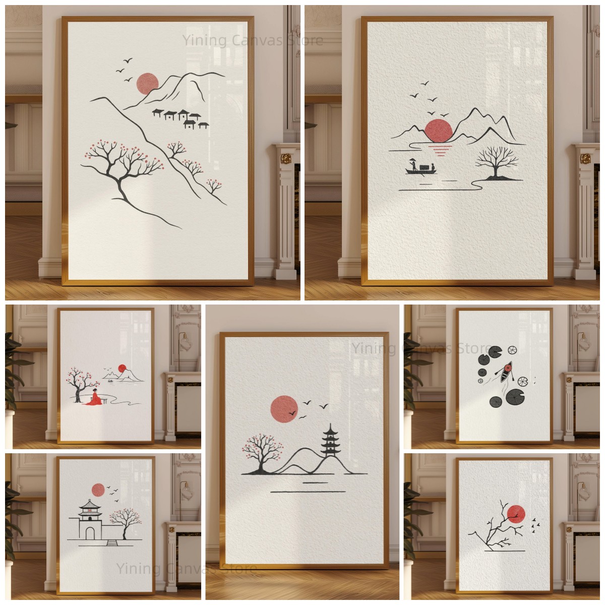 Japanese Zen Lifestyle - Minimalistyczny japoński plakat tuszem, czerwona linia