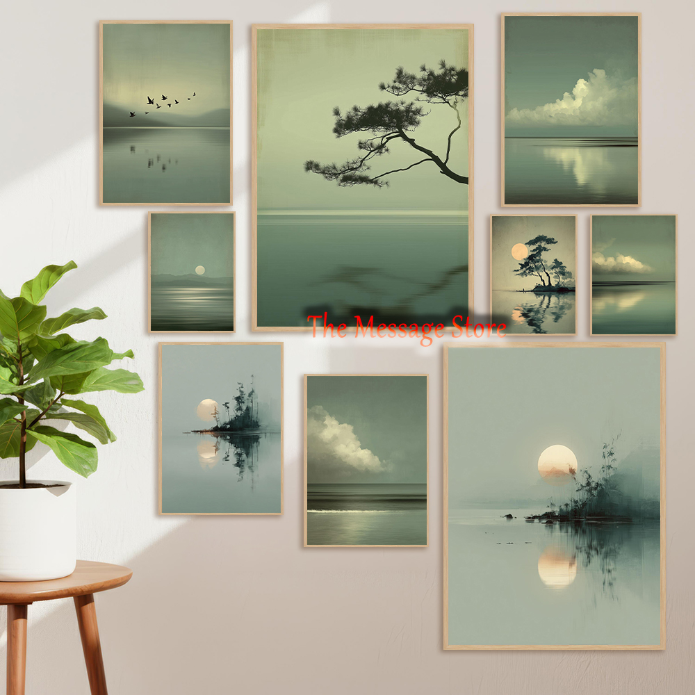 Japanese Zen Lifestyle - Japoński Minimalistyczny Krajobraz Księżyc Jezioro Chmury
